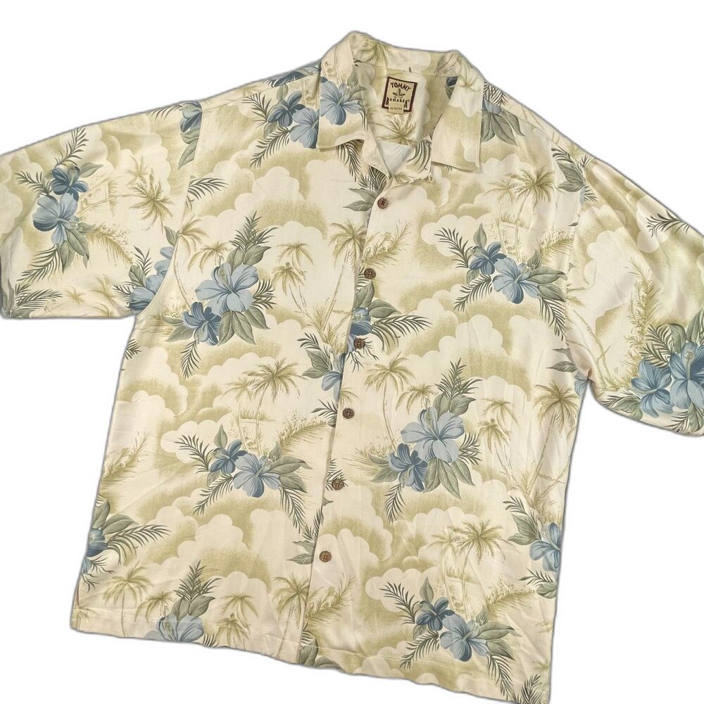 Tommy Bahama Large Cream Silk Palm Trees Hibiscus Blue Hawaiian Camp Shirt